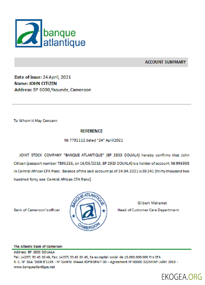 Cameroun , La Banque Atlantique , référence template